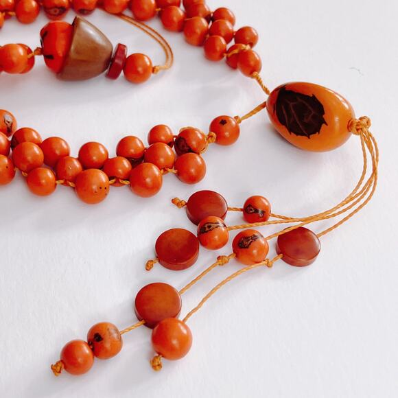 VTG 1970s Tagua Nut Wood Necklace Boho Artisan Long Natural Statement Jewelry - Picture 4 of 13